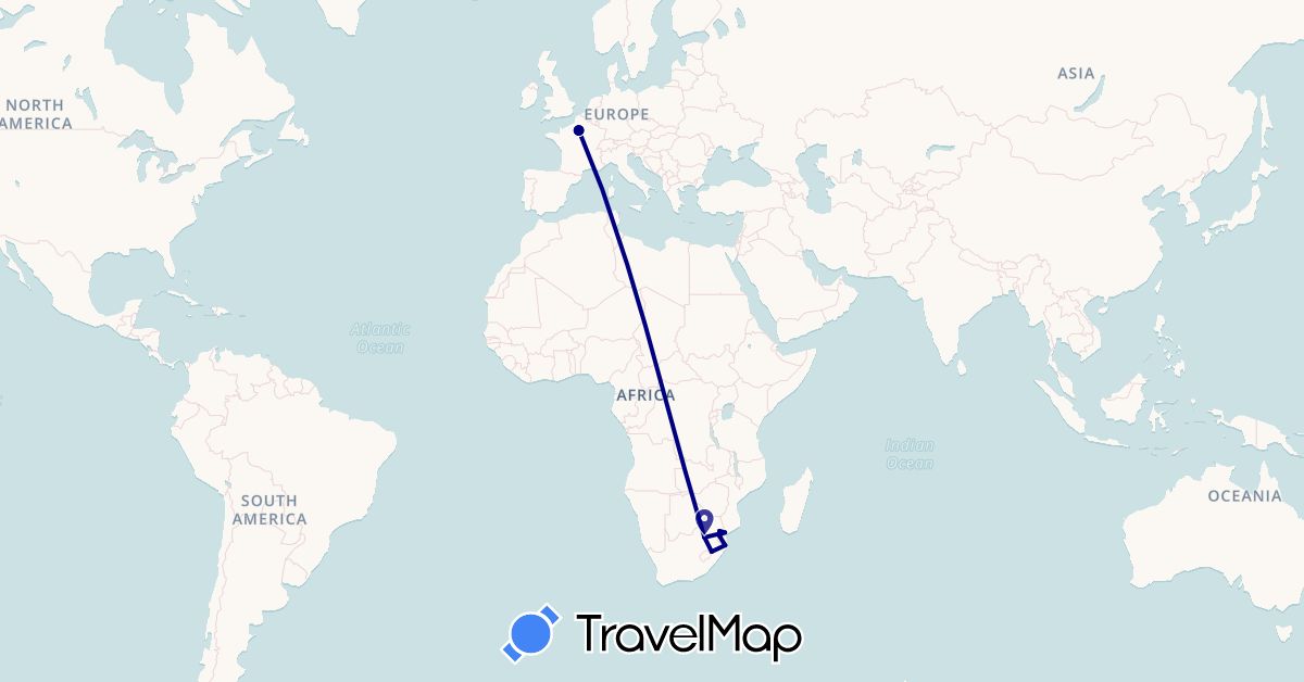 TravelMap itinerary: driving in France, Mozambique, Swaziland, South Africa (Africa, Europe)